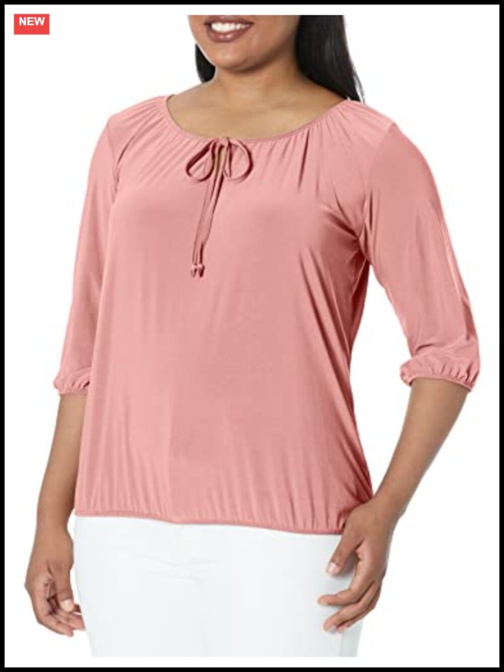 Peasant Top 3/4 Sleeve Keyhole Elastic Hem Polyester Spandex Blouse for Work